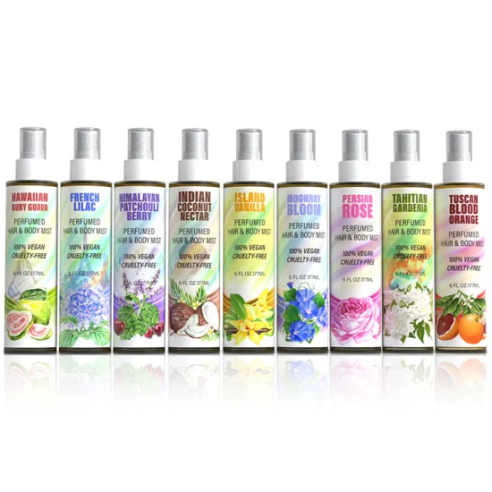 100% cosméticos veganos por atacado 4 tipos de spray de névoa de fragrância corporal Perfume feminino spray de névoa de cabelo de marca própria